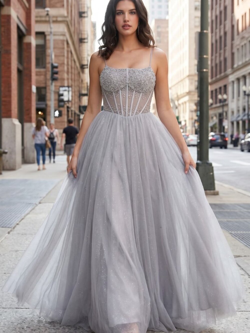 NEW SILVER Tulle & Lace Prom Gown Floor Length Embellished 8459J